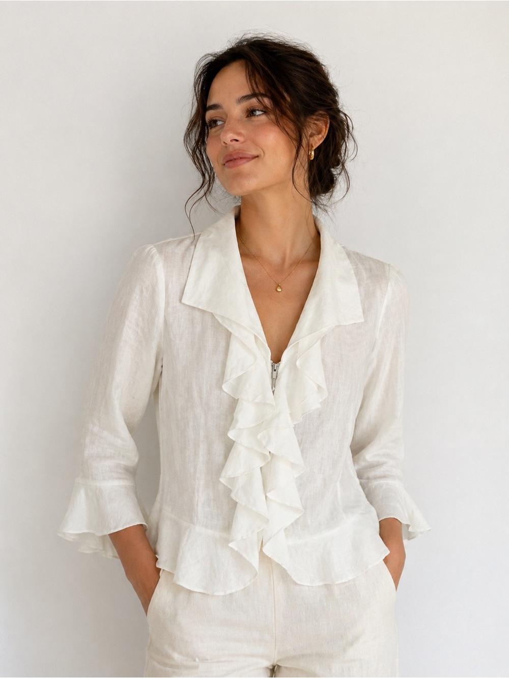 NWT Melanie Lyne 100% Linen Ruffle Jacket | White | Waterfall Front | Bell Cuff